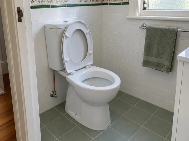 Clean white toilet with open lid in a tiled bathroom with green floor tiles in Kensington