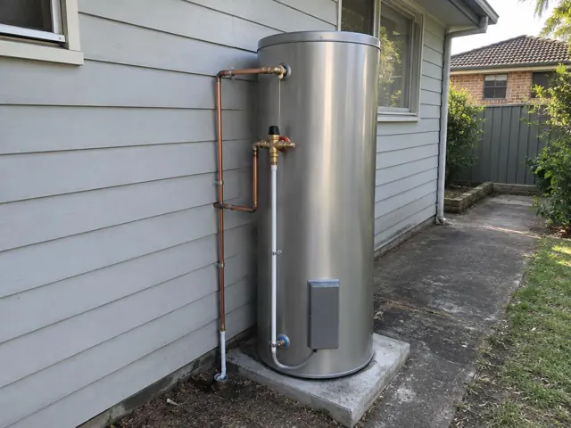 Outdoor stainless steel hot water tank beside a weatherboard house with copper pipework and concrete slab in Matraville
